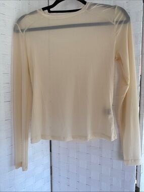 SHEIN Sheer Long Sleeve Crewneck Top - Cream